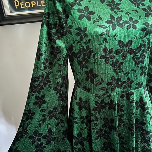 Unique Vintage Green Velvet & Black Floral Flare Dress - L/10-12 - Picture 4 of 10